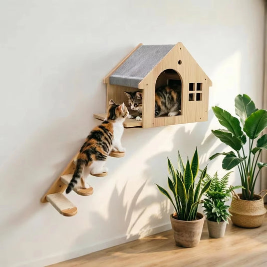 Wood Wall Mounted Cat Condo Villa Climbing Shelf For Cats