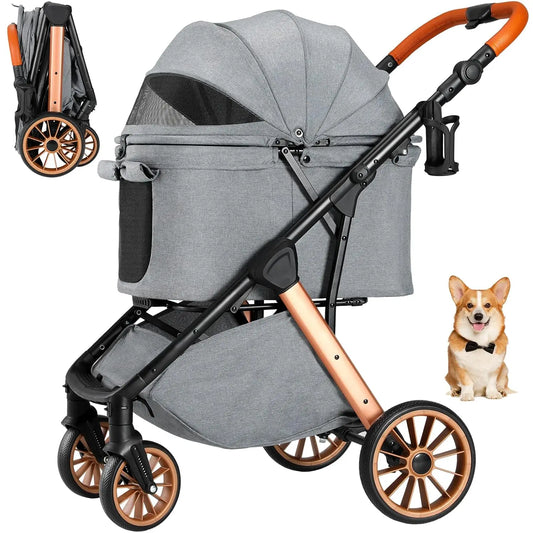 Breathable Foldable Dog Stroller With Height Adjustable Frame