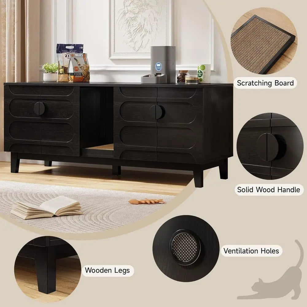 Onbrill Double Cabinet Cat Litter Box Enclosure With Scratch Pad