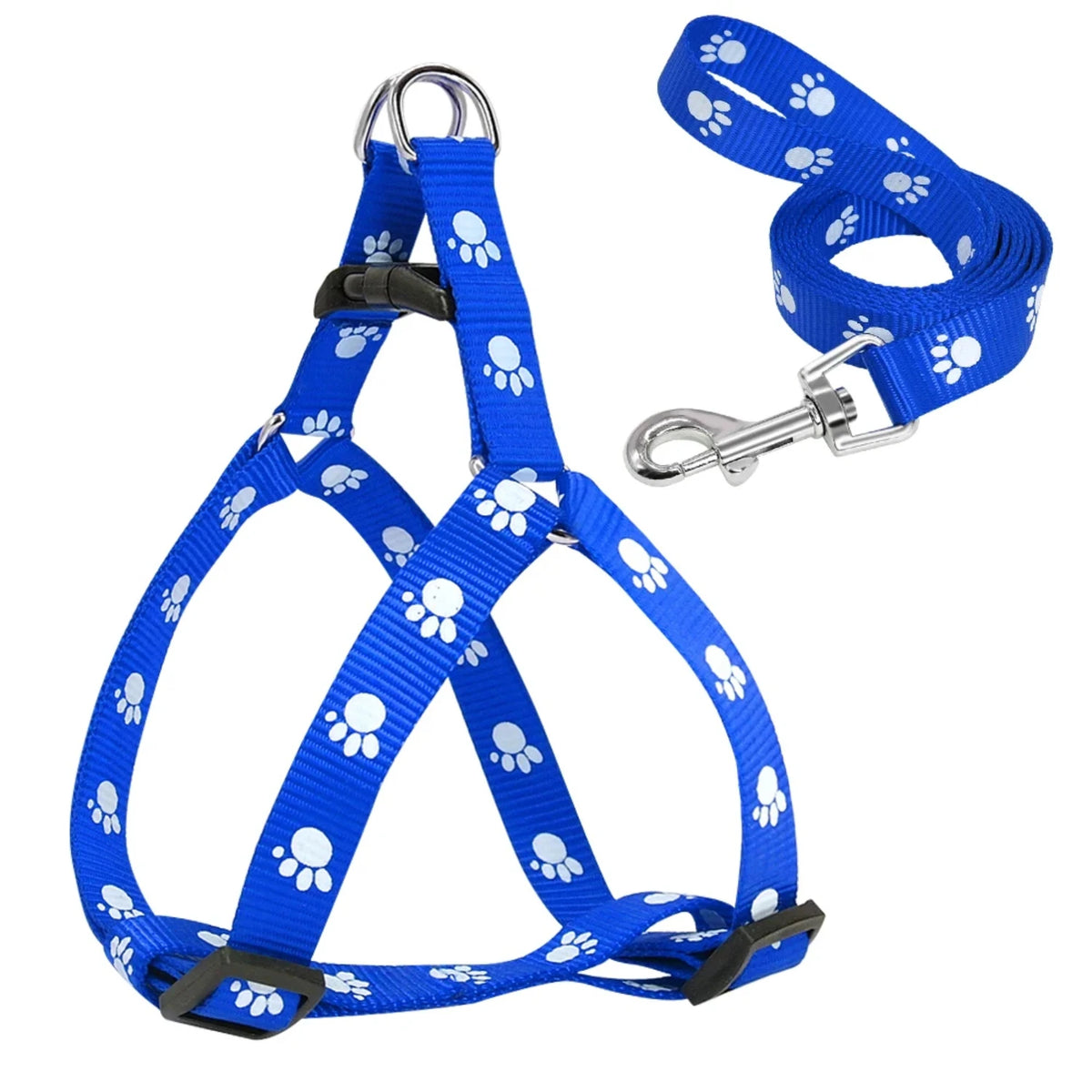 Adjustable Nylon Dog Harness And Leash Set With Paw Print Design