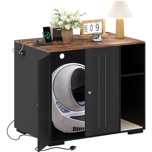HiMISS Wooden Dog Proof Cat Litter Enclosure With Power Outlet