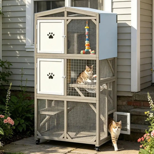 Wooden Outdoor Cat Enclosure With Three Platforms And Weather Resistant Design
