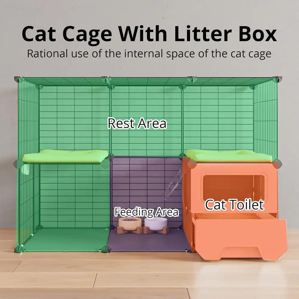 Detachable Metal Wire Cat Playpen With Integrated Litter Box