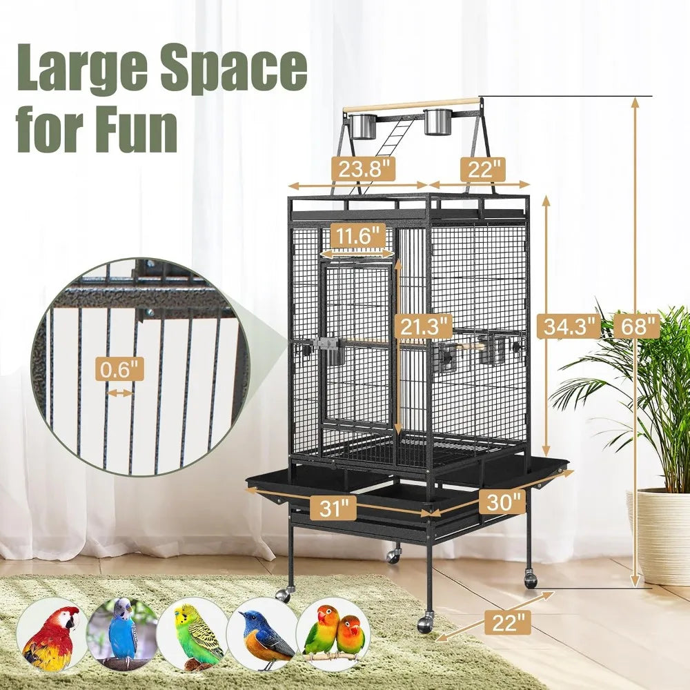 Wrought Iron Parrot Bird Cage With Playtop And Rolling Stand