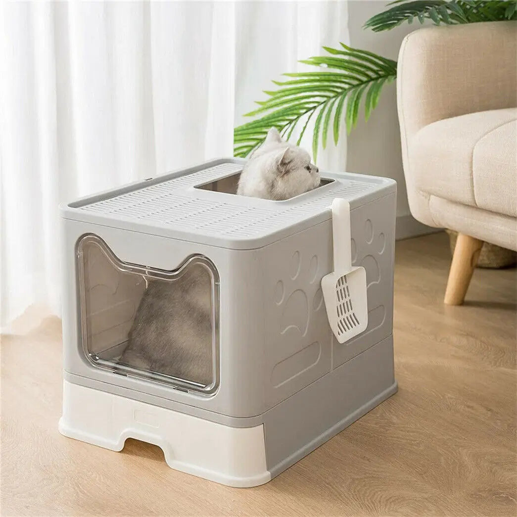 Hooded Cat Litter Box With Scoop And Foldable Drawer