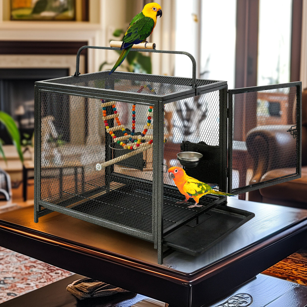 Wrought Iron Bird Travel Carrier With Handle And Seed Guard