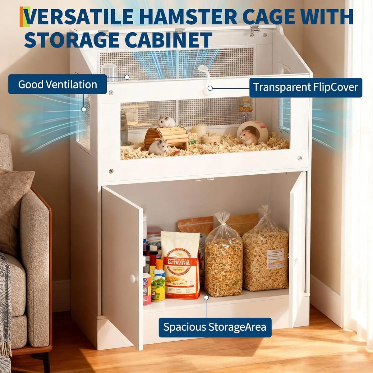 HiMISS Hamster Cage With Storage Cabinet And Easy View Panels