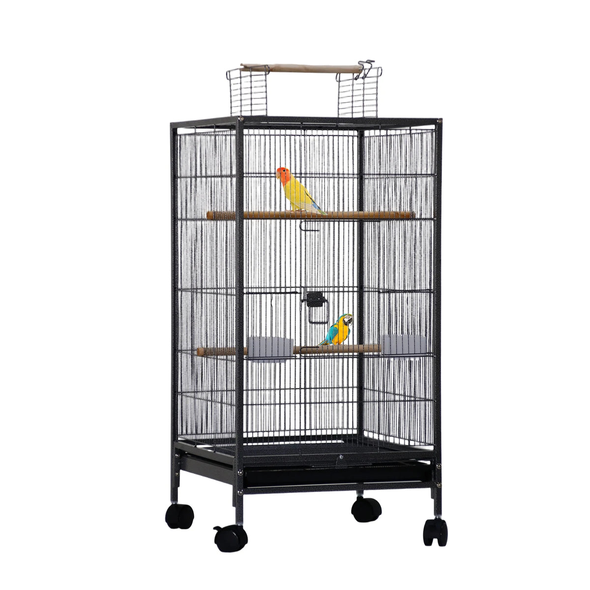 HiMiss Open Top Metal Bird Cage With Wheels And Feeder