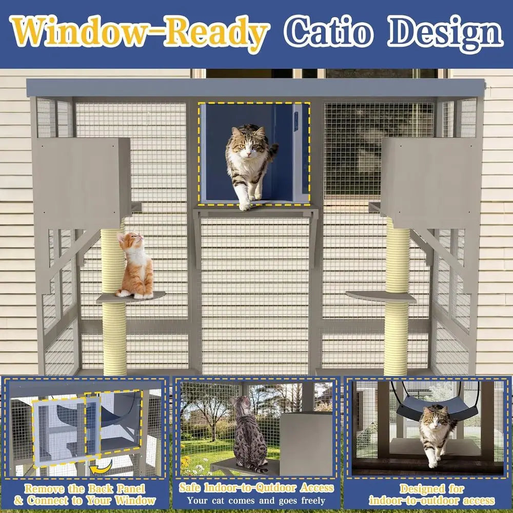 Spacious Outdoor Cat Enclosure With Seven Platforms And Hammock
