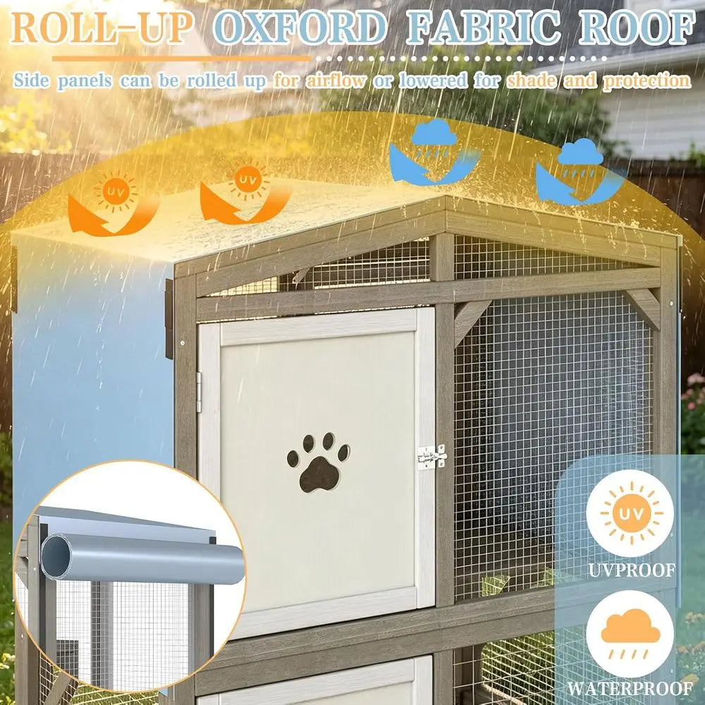 Wooden Outdoor Cat Enclosure With Three Platforms And Weather Resistant Design