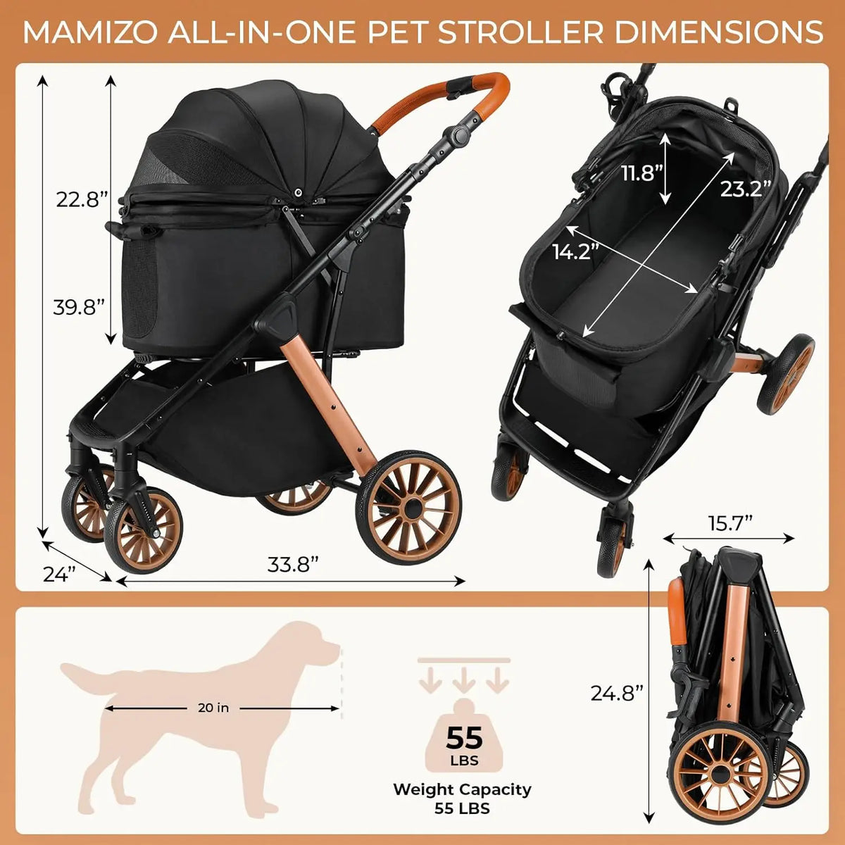 Breathable Foldable Dog Stroller With Height Adjustable Frame