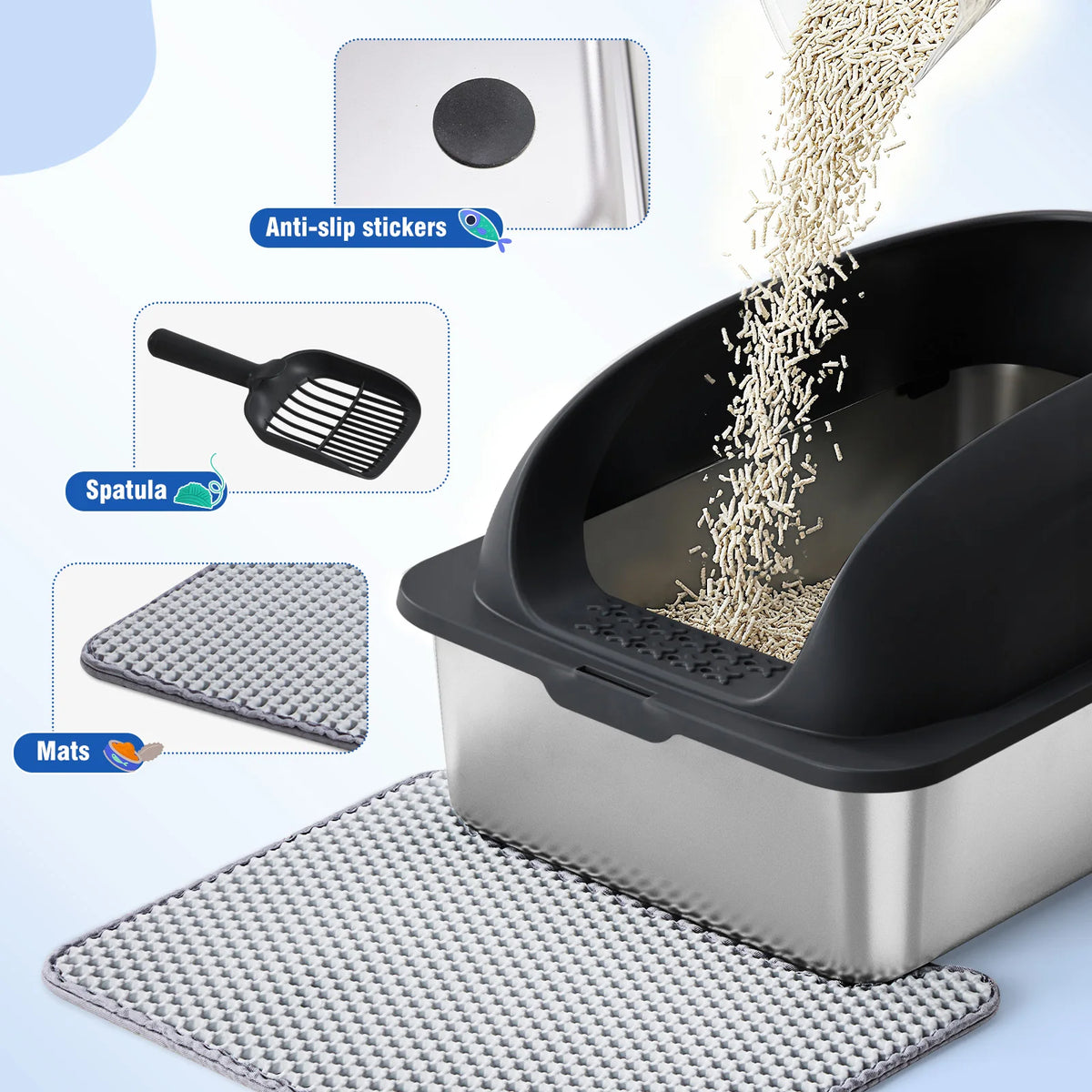 Stainless Steel Cat Litter Box Lid Scoop And Mat Included