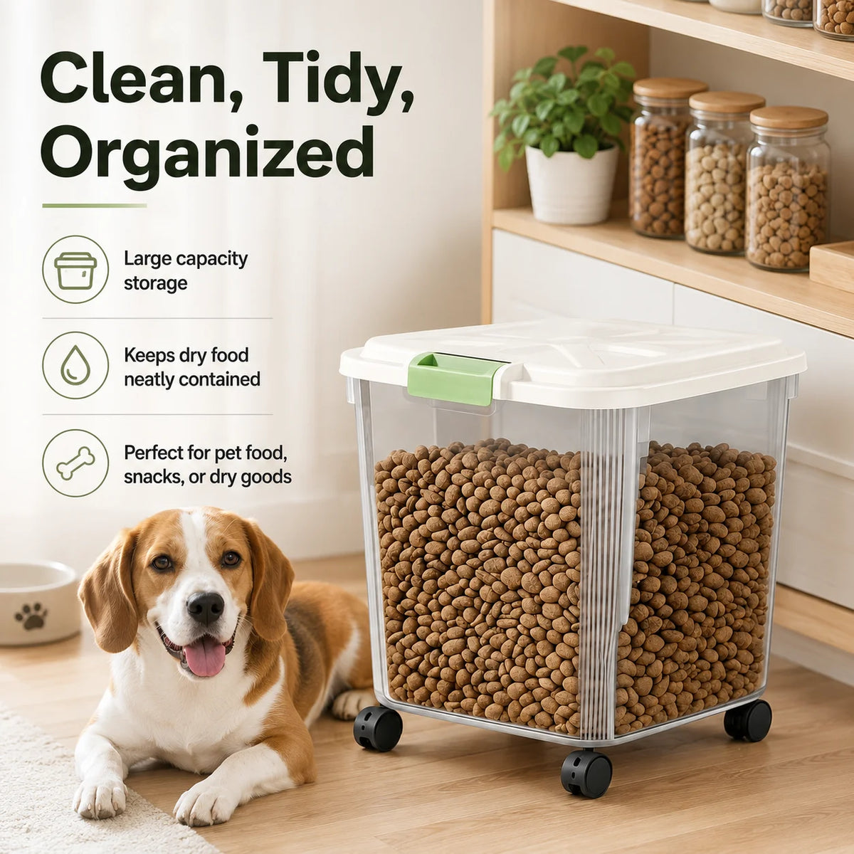 Airtight Rolling Pet Food Storage Container With Measuring Cup