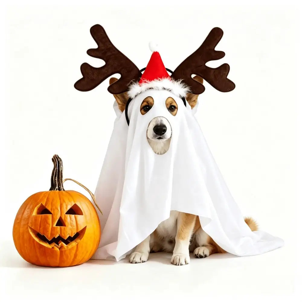 Halloween Ghost Pet Cape Costume With Reindeer Antler Headband