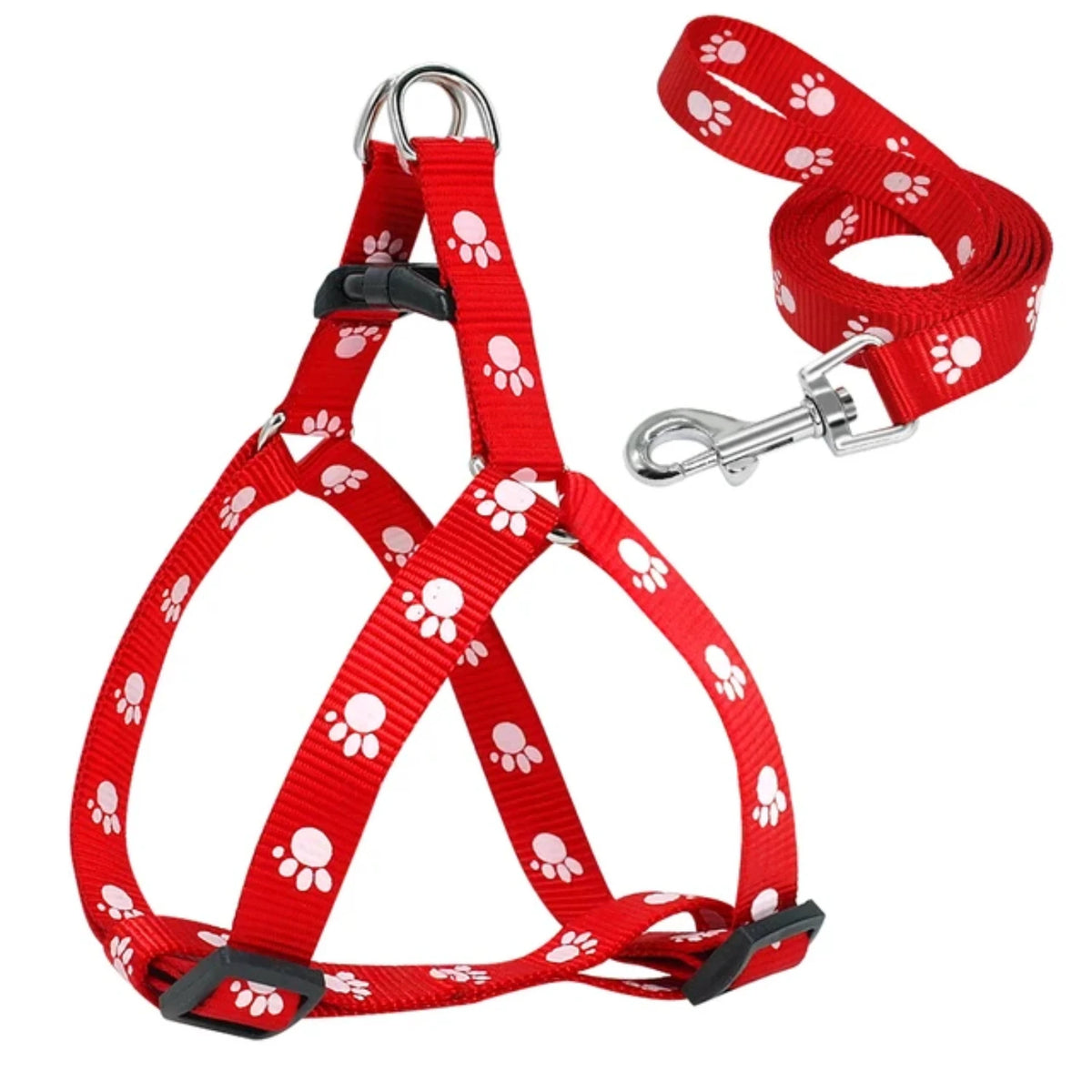 Adjustable Nylon Dog Harness And Leash Set With Paw Print Design