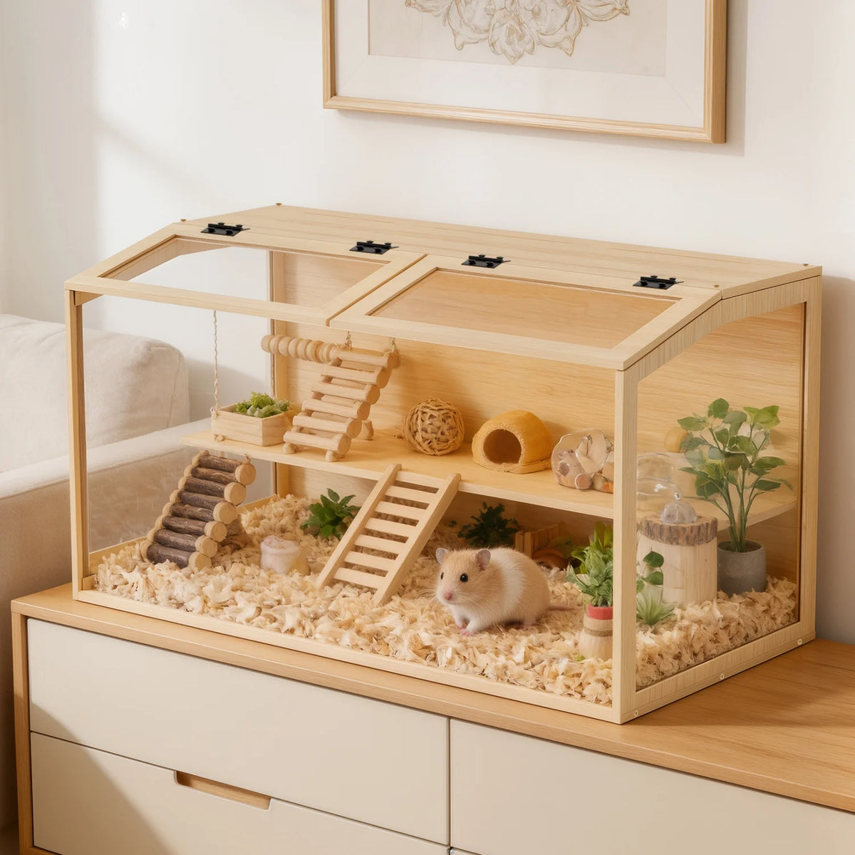 Natural Wood Hamster Cage With Dual Door And Integrated Light