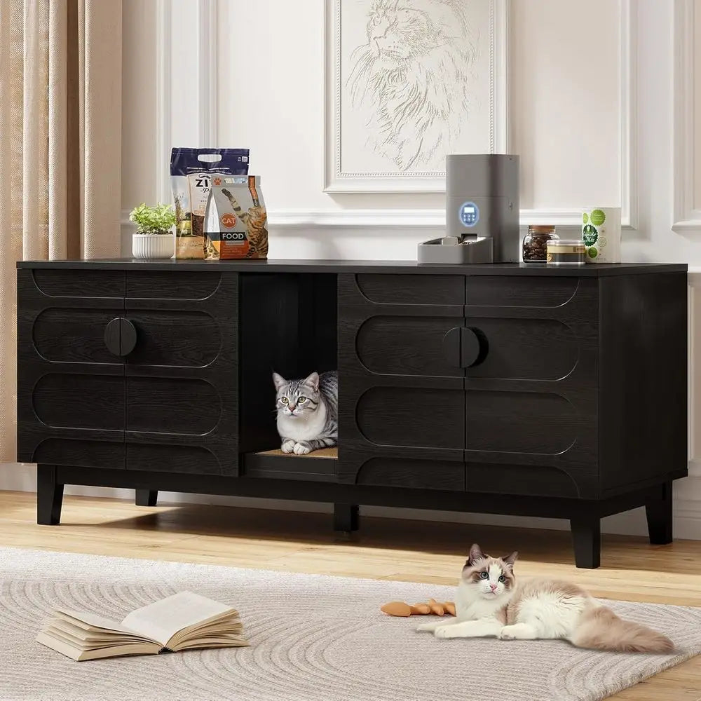 Onbrill Double Cabinet Cat Litter Box Enclosure With Scratch Pad