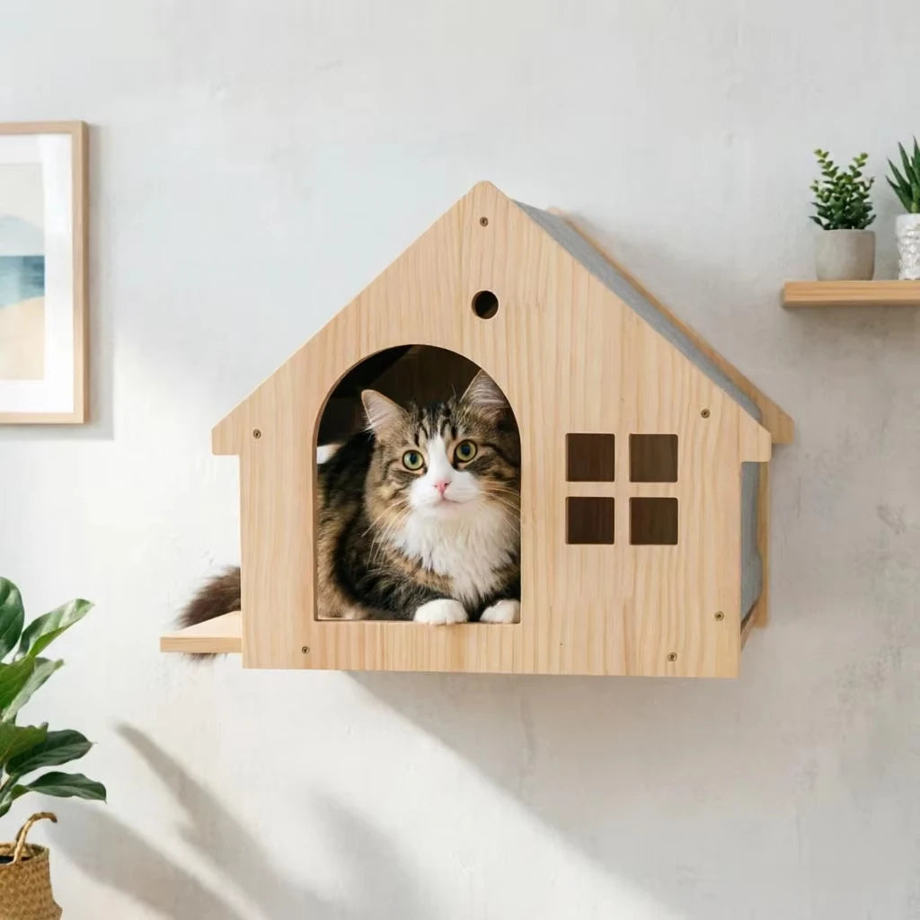 Wood Wall Mounted Cat Condo Villa Climbing Shelf For Cats