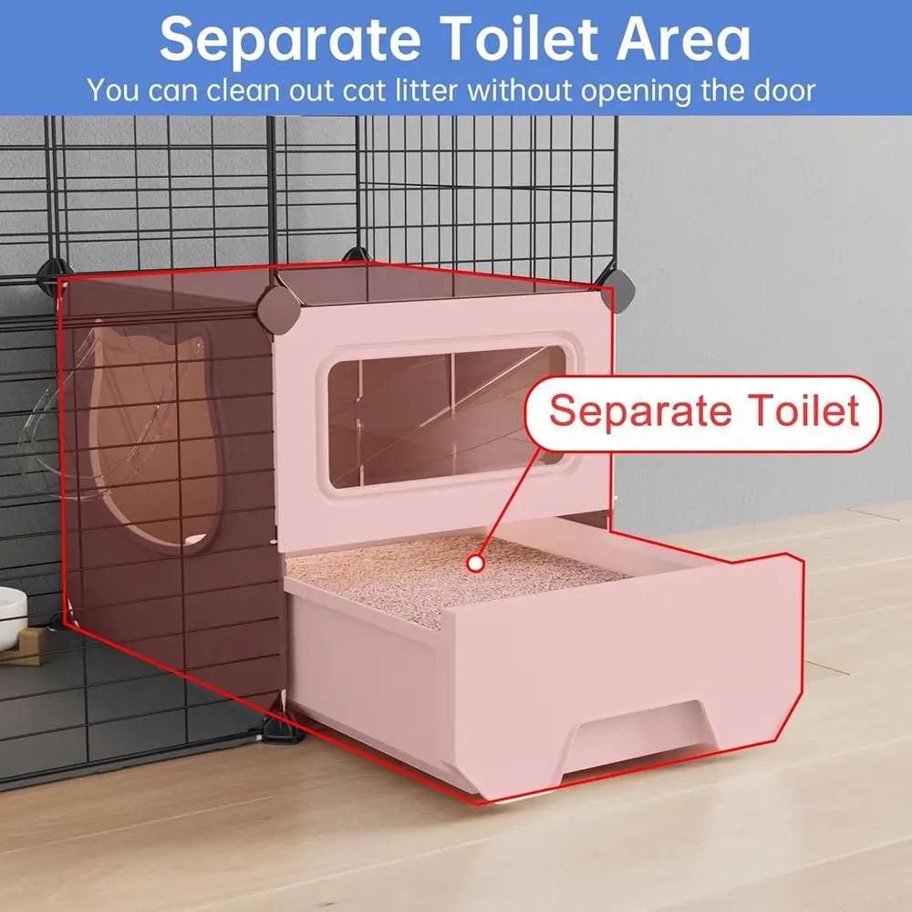Detachable Metal Wire Cat Playpen With Integrated Litter Box