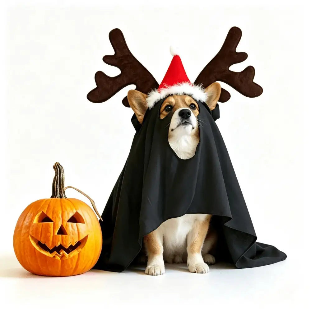 Halloween Ghost Pet Cape Costume With Reindeer Antler Headband