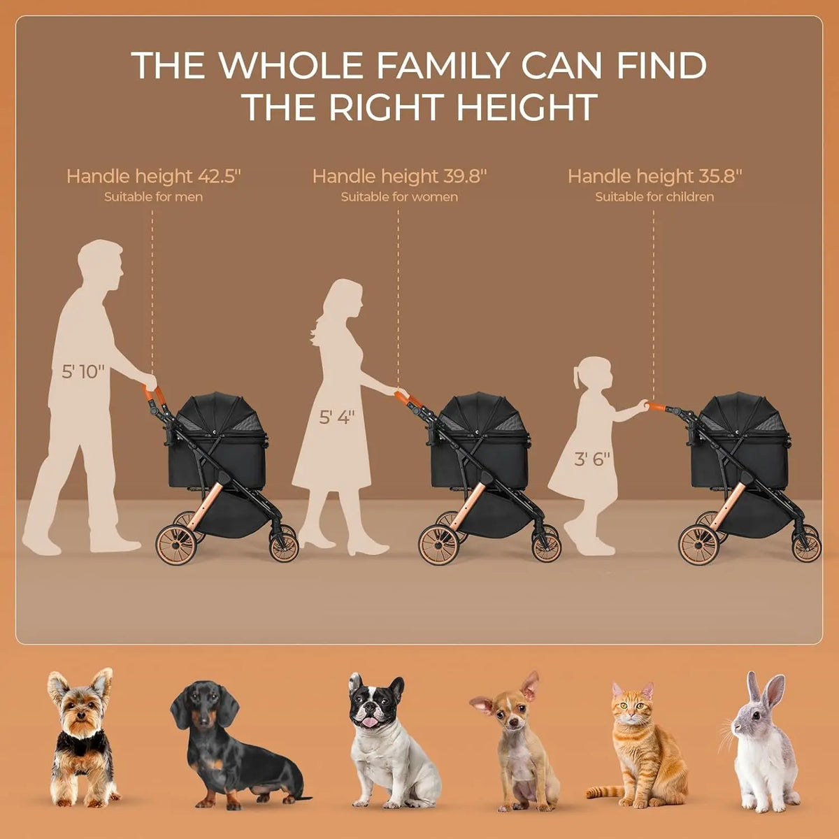 Breathable Foldable Dog Stroller With Height Adjustable Frame