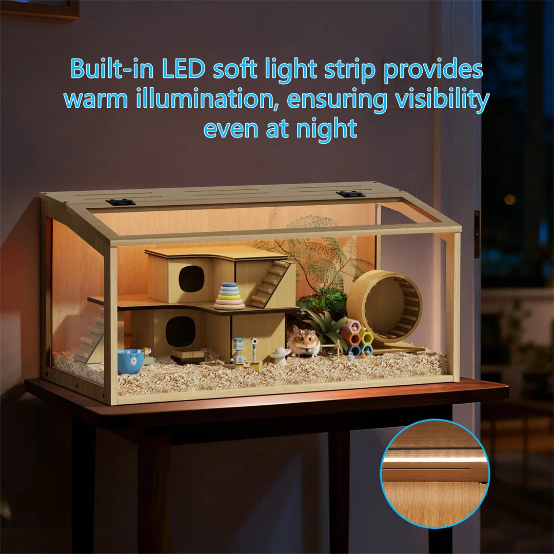 Wooden Hamster Cage With Tempered Glass And Ample Ventilation Space