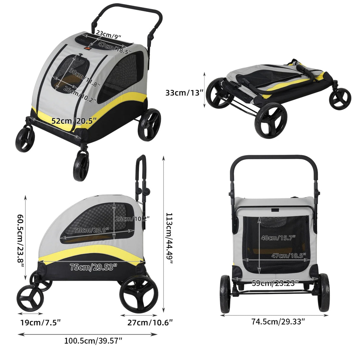Dual Dog Folding Pet Stroller With Zipper Divider And Wheels