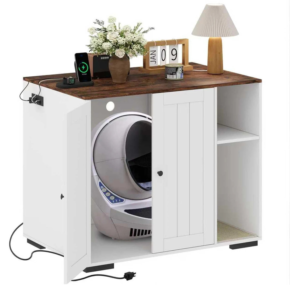 HiMISS Wooden Dog Proof Cat Litter Enclosure With Power Outlet