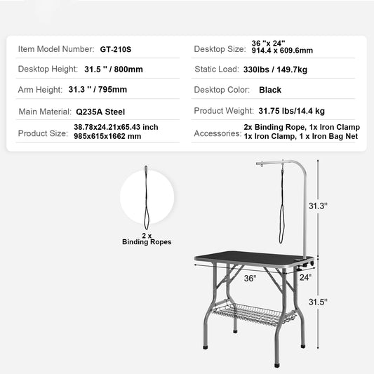 Foldable Pet Grooming Table With Dual Arms And Clamp