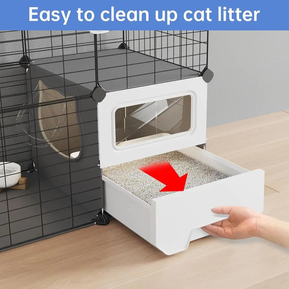 Detachable Metal Wire Cat Playpen With Integrated Litter Box