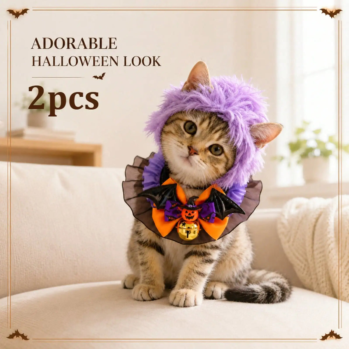 Halloween Cat Costume Set Plush Hat And Bat Bow Tie