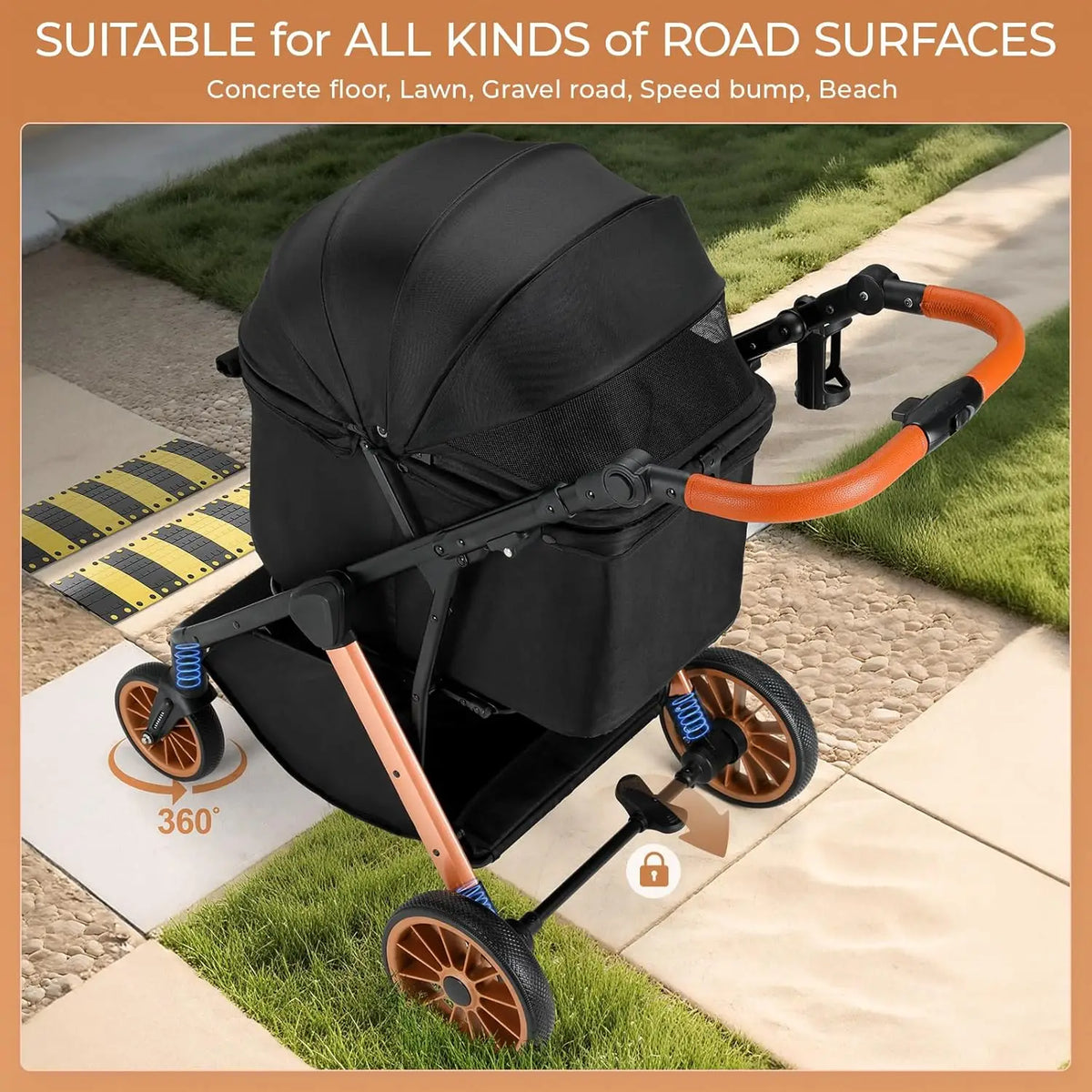 Breathable Foldable Dog Stroller With Height Adjustable Frame