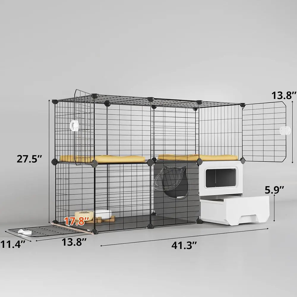 Detachable Metal Wire Cat Playpen With Integrated Litter Box