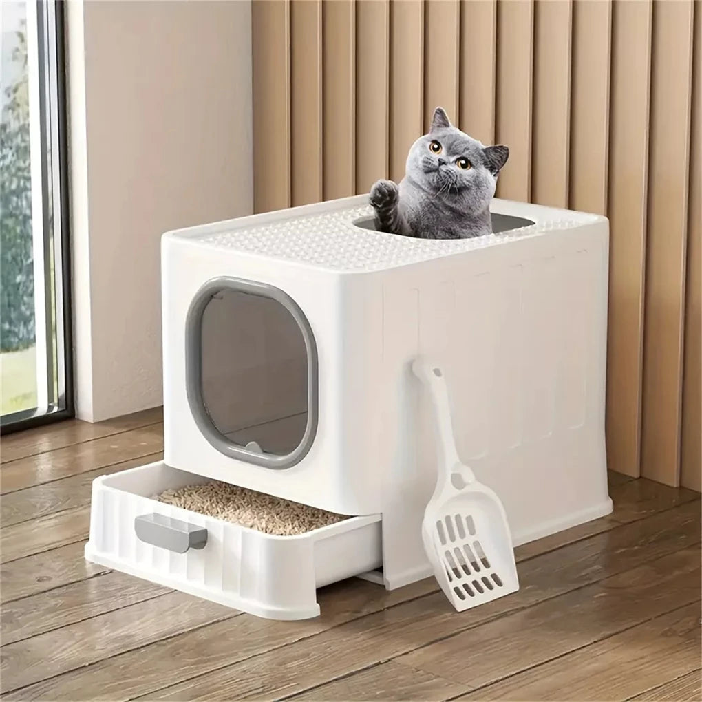 Enclosed Cat Litter Box With Slide Drawer And Leakproof Lid