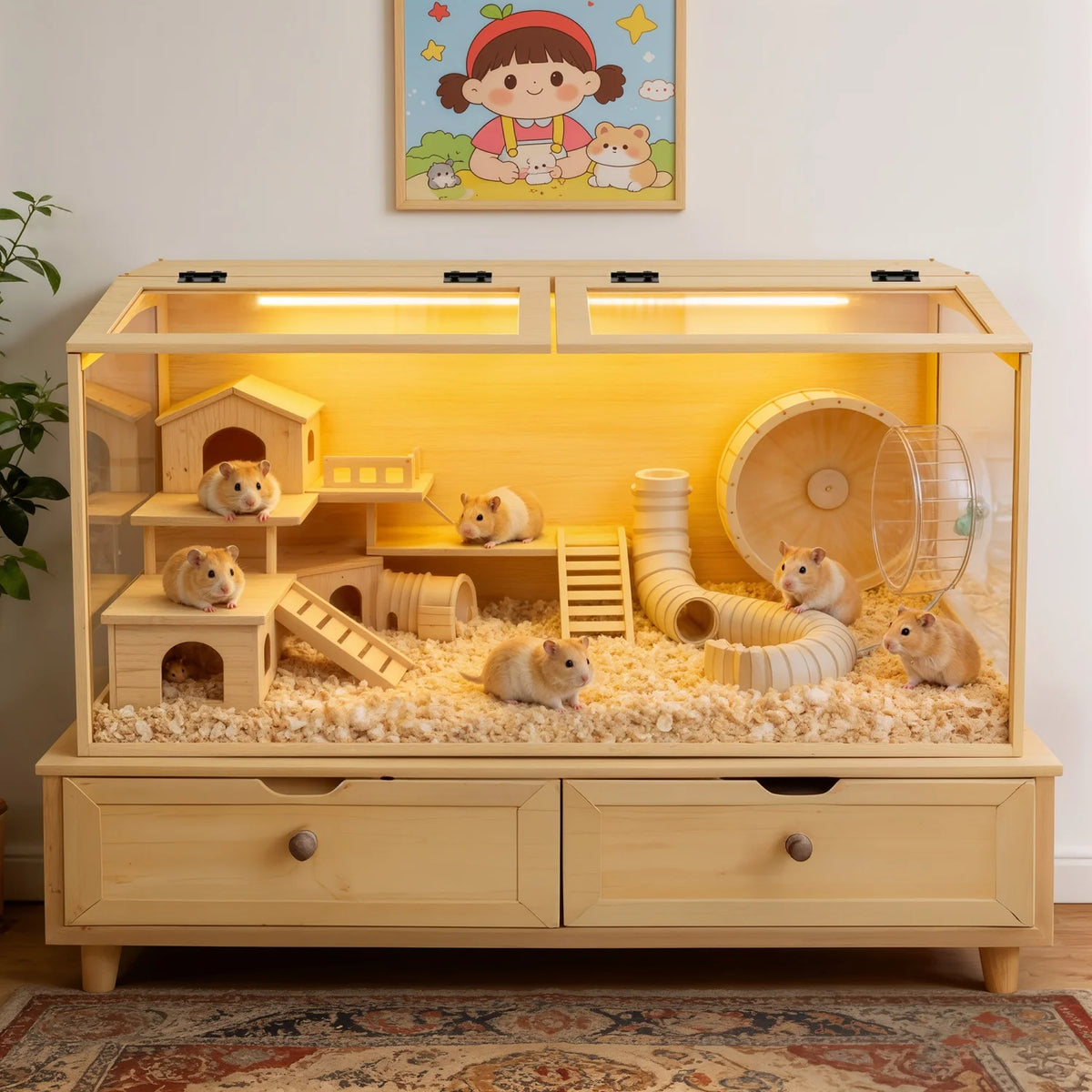 Natural Wood Hamster Cage With Dual Door And Integrated Light