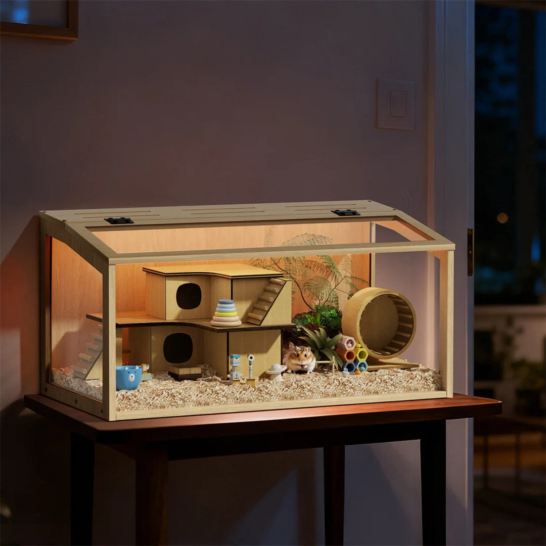 Wooden Hamster Cage With Tempered Glass And Ample Ventilation Space