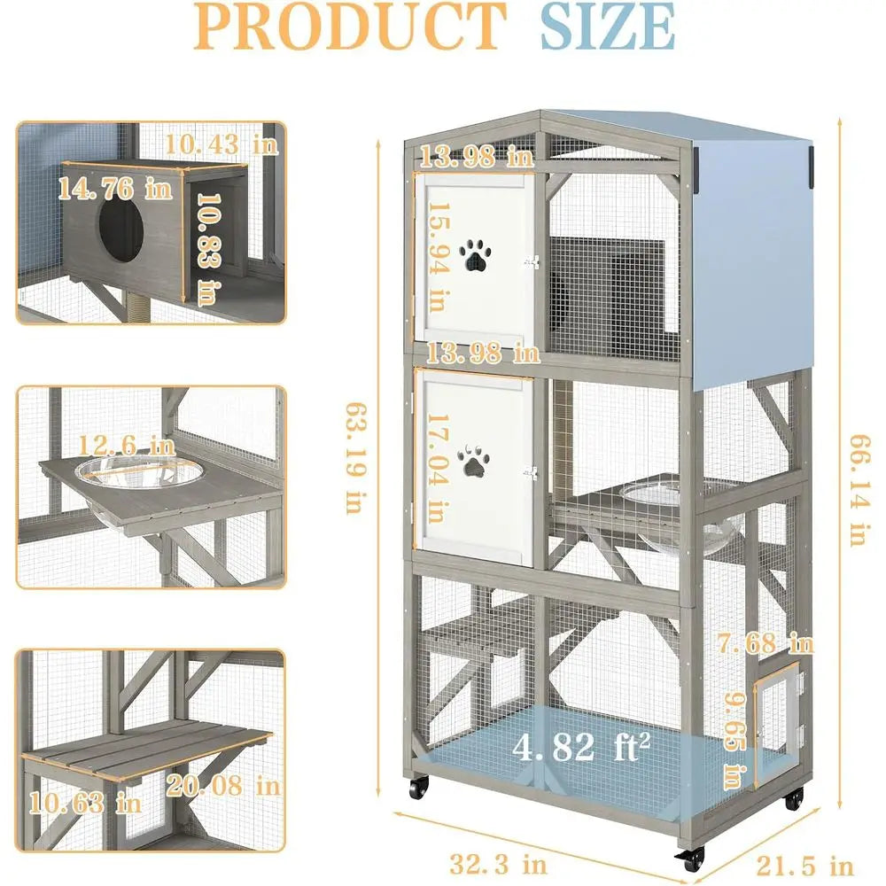 Wooden Outdoor Cat Enclosure With Three Platforms And Weather Resistant Design