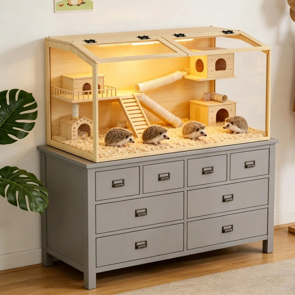 Wooden Glass Hamster Cage With Built In Led Lighting