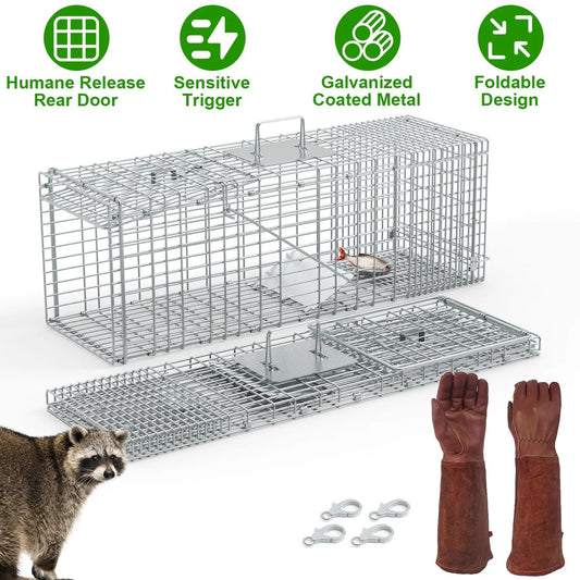 Collapsible Galvanized Wire Humane Animal Trap Cage With Gloves