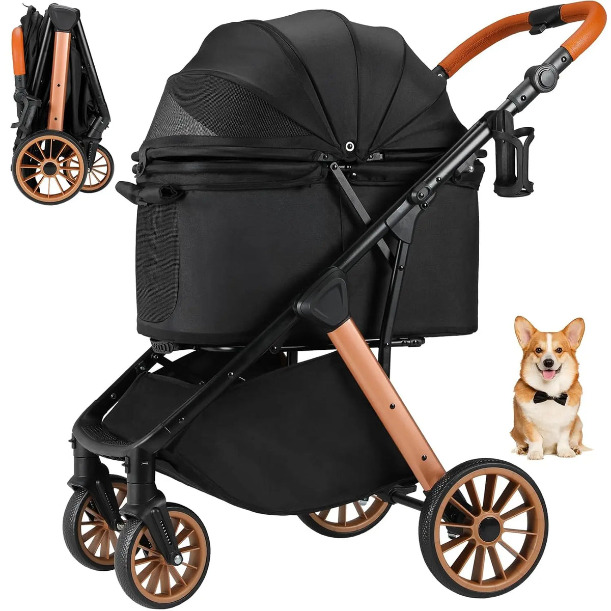 Breathable Foldable Dog Stroller With Height Adjustable Frame