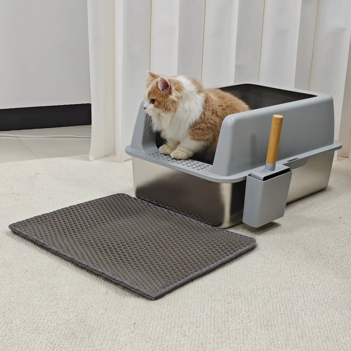 Stainless Steel High-Sided Cat Litter Pan With Mat And Scoop