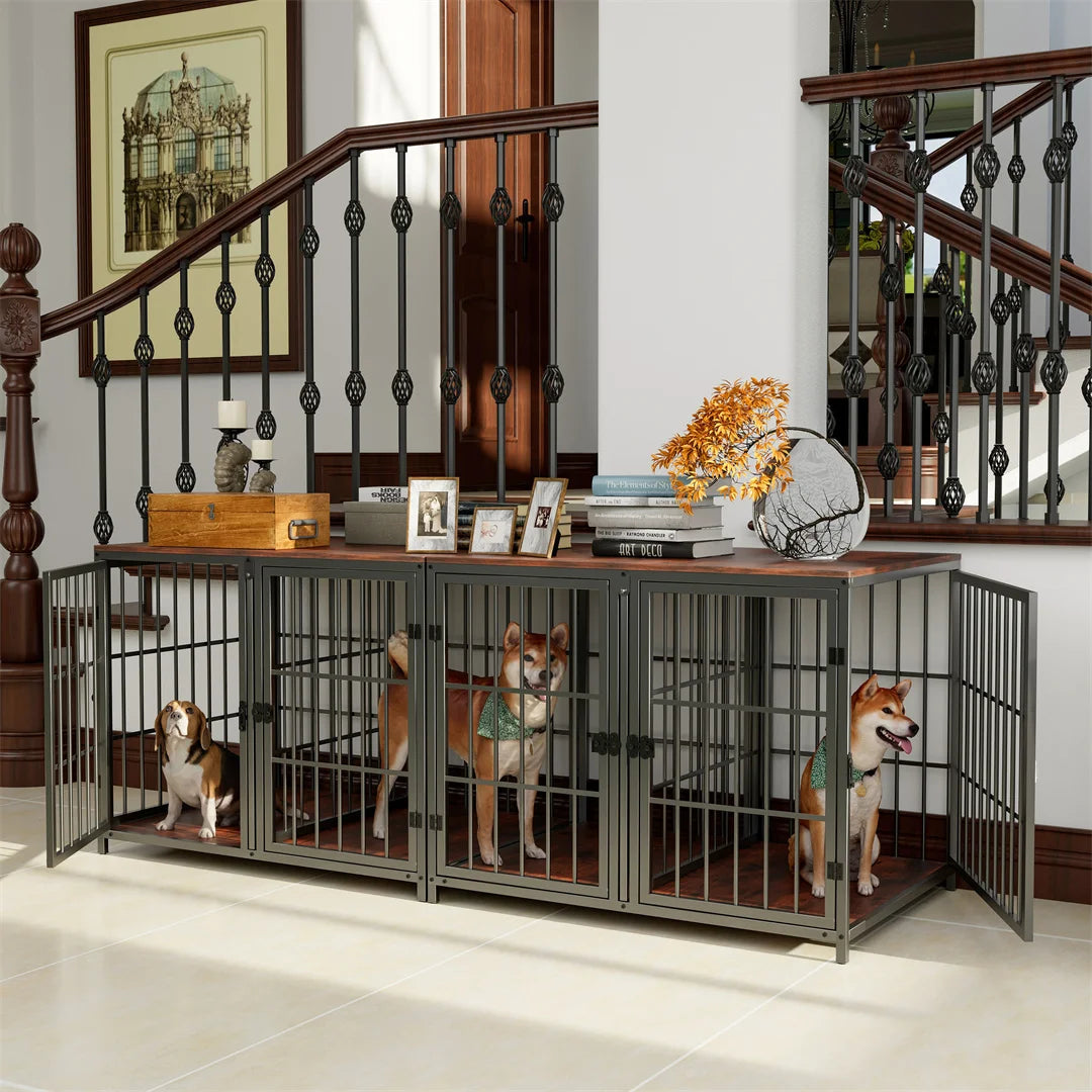 Bingopaw Wooden Dog Crate Furniture Side Table with 4 Doors