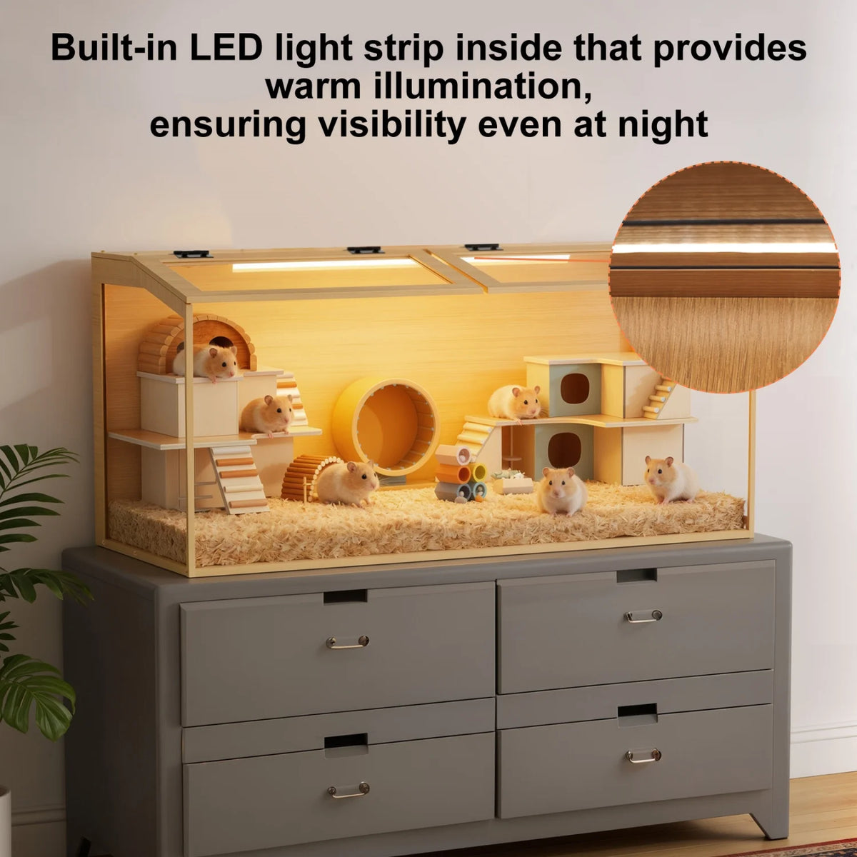 Natural Wood Hamster Cage With Dual Door And Integrated Light