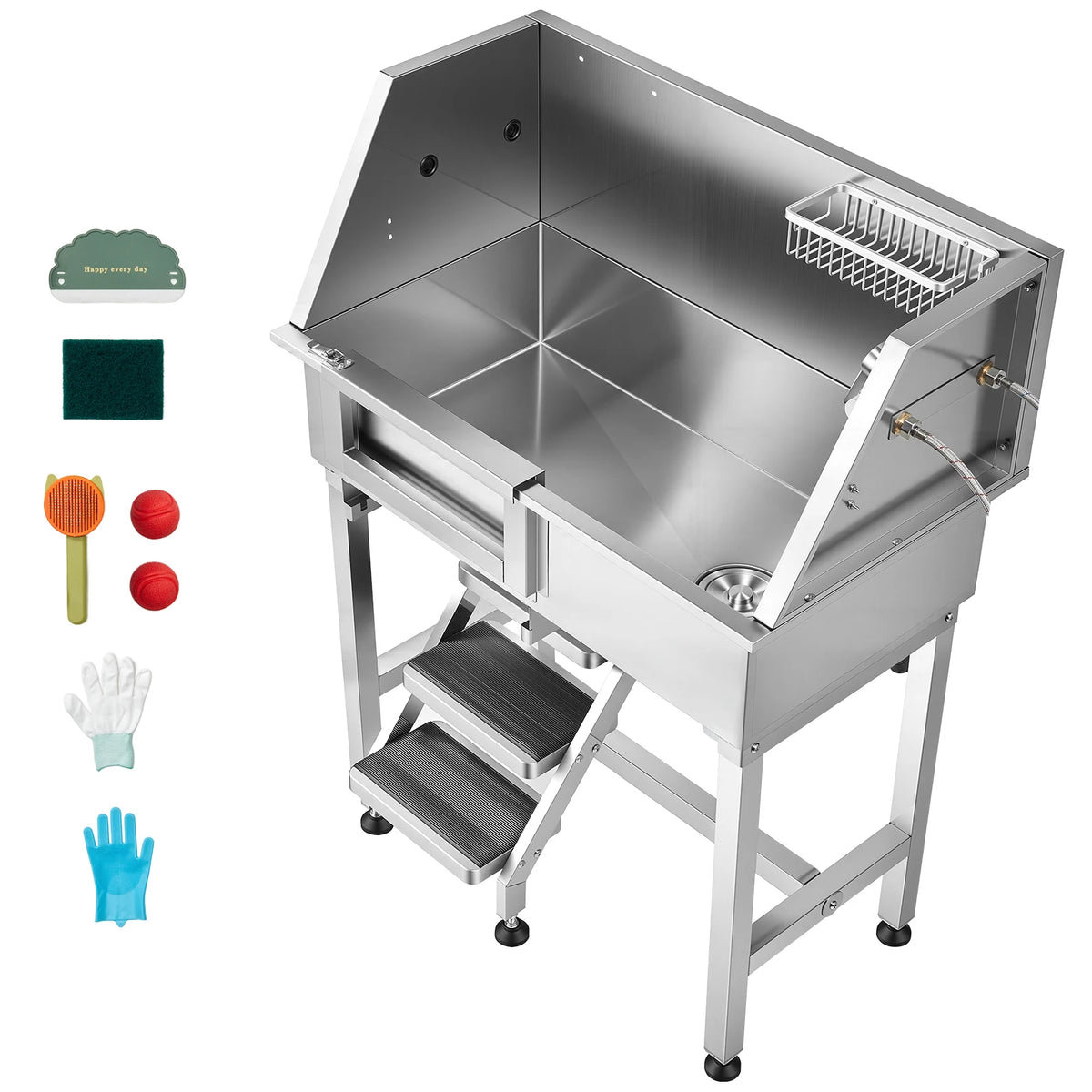 SucceBuy Stainless Steel Dog Washing Station With Shower Faucet Soap Holder