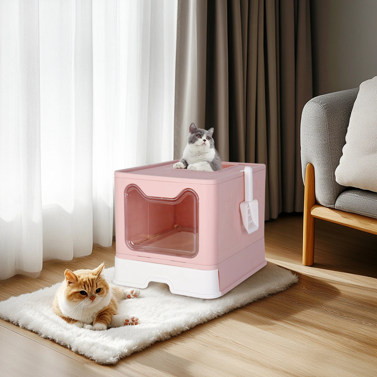 Foldable Enclosed Cat Litter Box With Portable Scoop Drawer