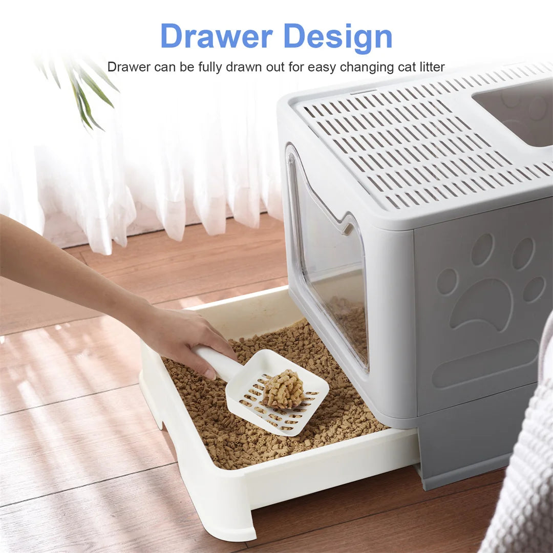 Foldable Enclosed Cat Litter Box With Portable Scoop Drawer