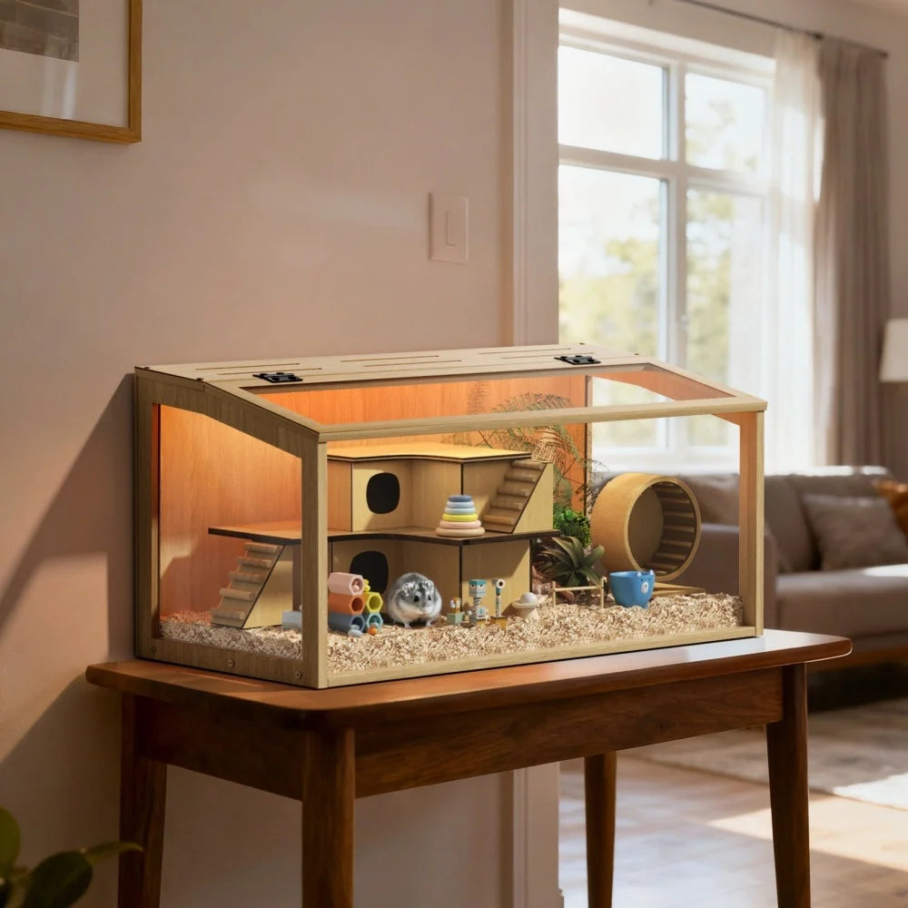 Wooden Hamster Cage With Tempered Glass Built In Led Lights