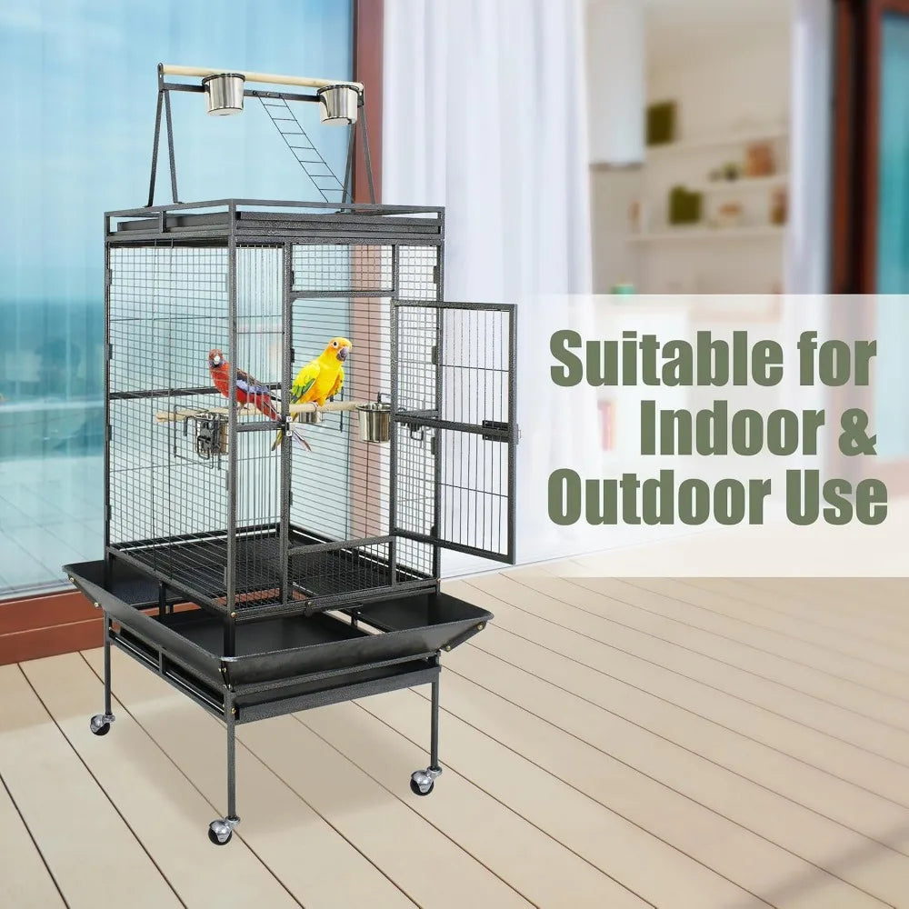 Wrought Iron Parrot Bird Cage With Playtop And Rolling Stand
