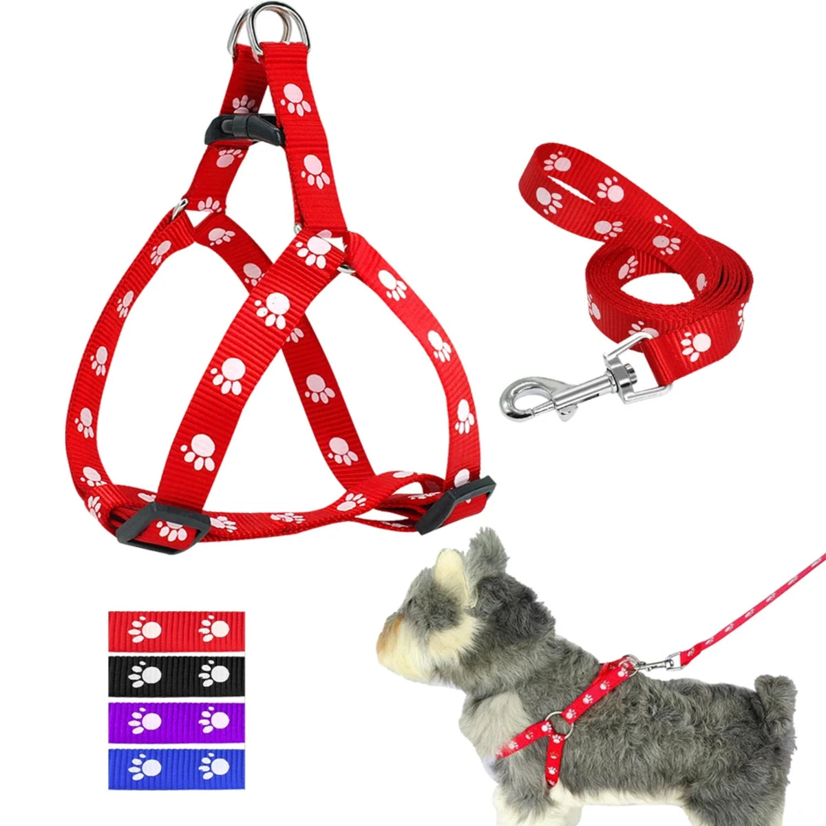 Adjustable Nylon Dog Harness And Leash Set With Paw Print Design