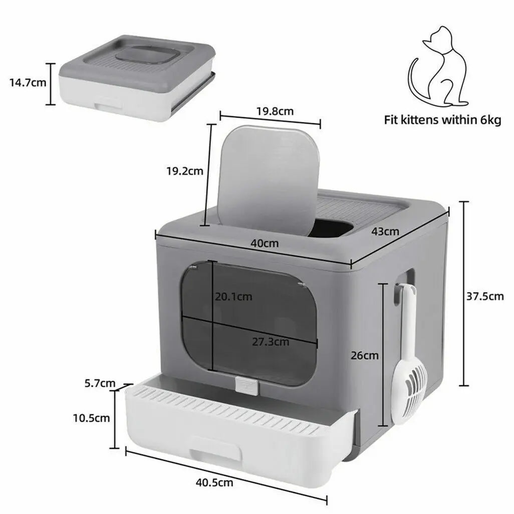 Enclosed Cat Litter Box With Scoop And Foldable Tray